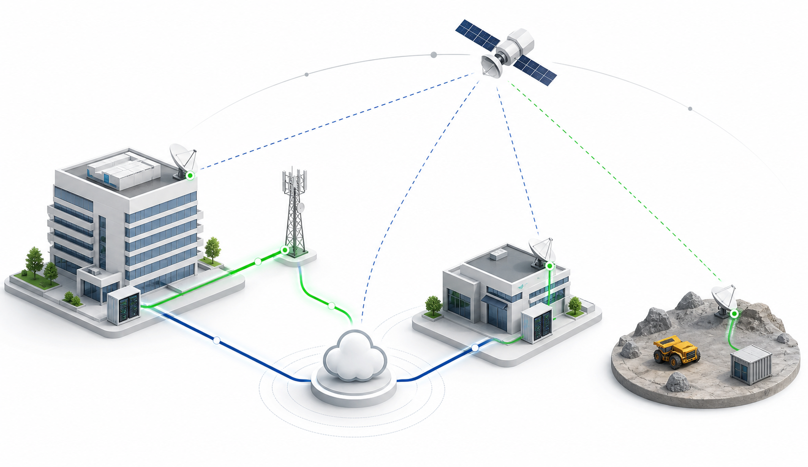 Arquitectura híbrida de conectividad empresarial con acceso terrestre y satelital para oficinas, sucursales y sitios remotos
