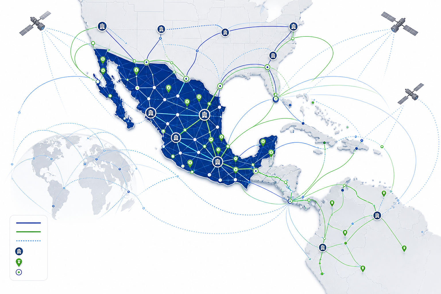 Mapa de cobertura de conectividad empresarial en México con salidas internacionales y cobertura satelital en Américas